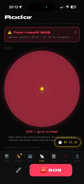 SOS op de radar — locatie met tijdstempel, tik om te navigeren